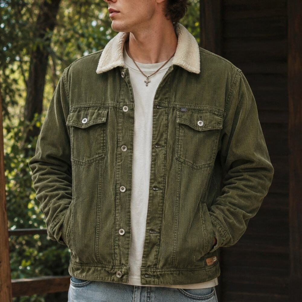 Quiksilver Vintage Y2K Trucker Jacket Sherpa Corduroy Trek & Travel Olive Green